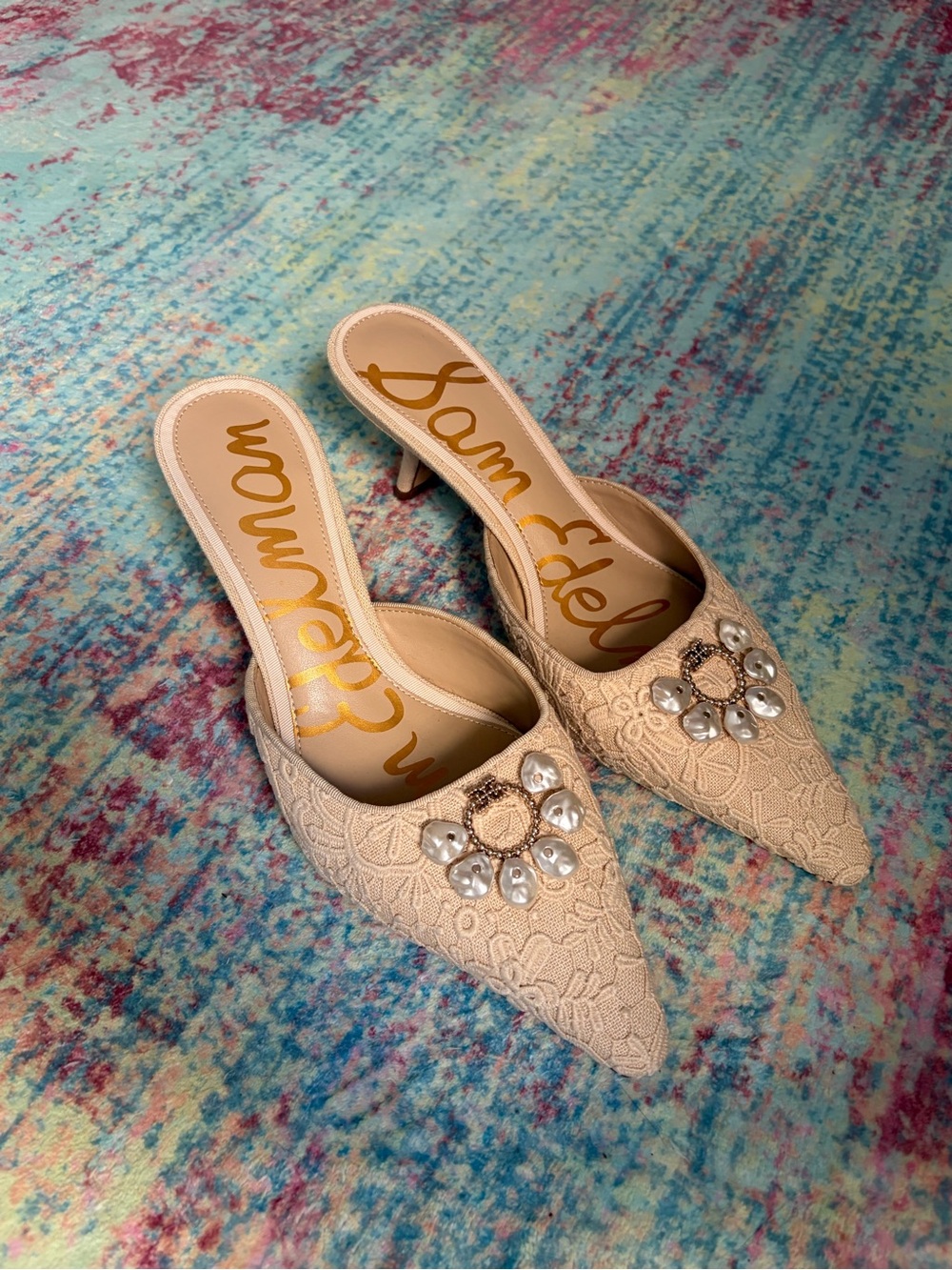 Sam Edelman Beige Lace Pointed Toe Jewel-Embellished Mules